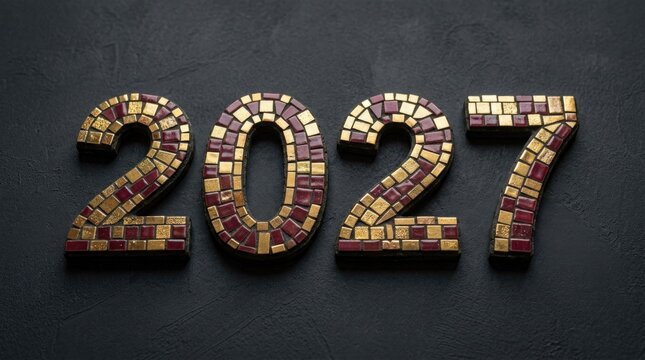 Mosaic style depiction of the year 2027 with a dark and textured background