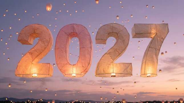 New year 2027 celebration with illuminated numbers and festive fireworks display