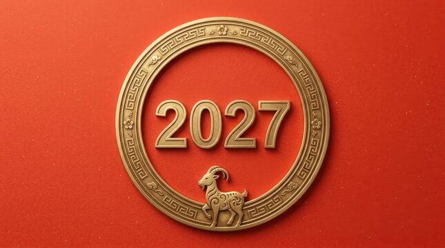 Golden emblem with the year 2027 on a vibrant red background for future celebrations