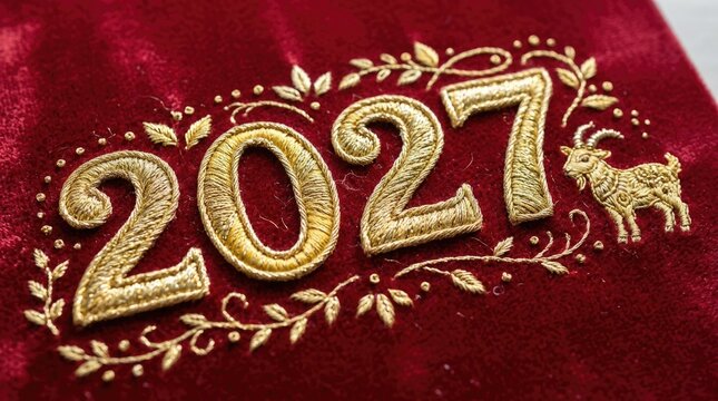 Golden 2027 numbers with floral decorations on a luxurious red velvet background