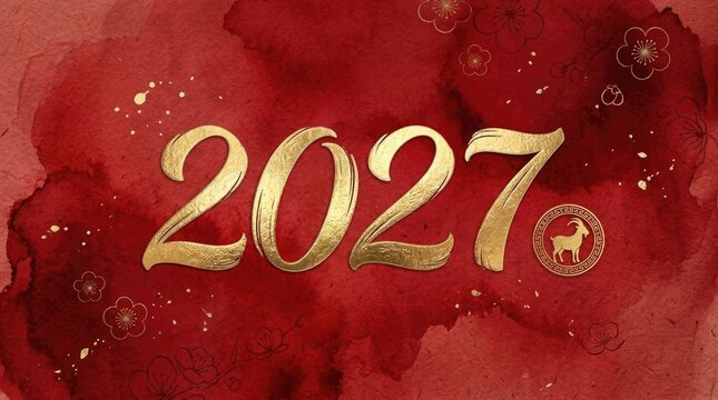 Golden 2027 new year celebration with abstract red watercolor background