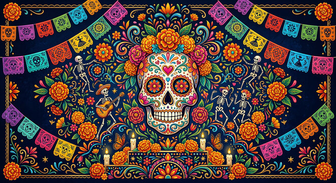 Vibrant Day of the Dead Sugar Skull Banner with Marigolds and Papel Picado Flags