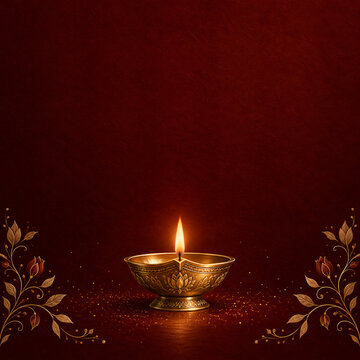 Luxurious Diwali Greeting Card Deep Burgundy Background with Ornate Golden Brass Diya