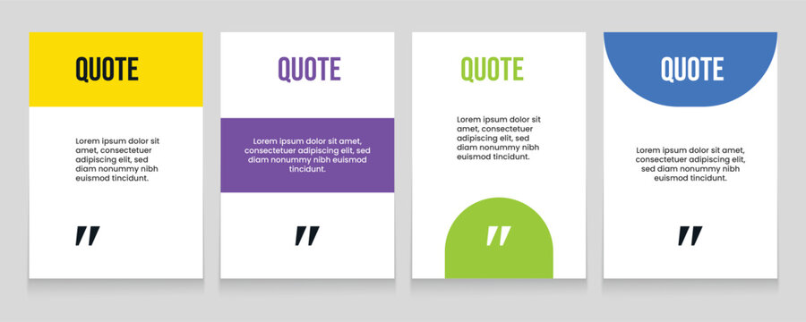 Modern quote bubble template set with colorful speech frames. 4 minimalist text boxes for social media, vibrant testimonial layout vector design