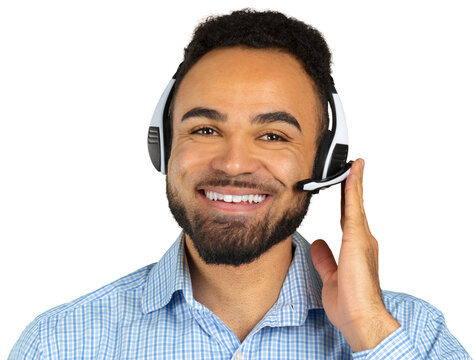 Man using headset and smiling while interacting with a microphone