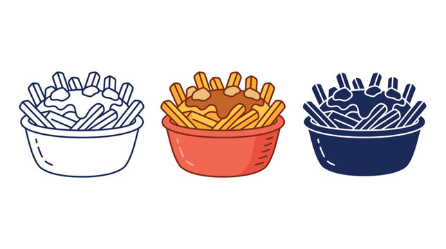 Poutine vector illustration set featuring delicious french fries and gravy
