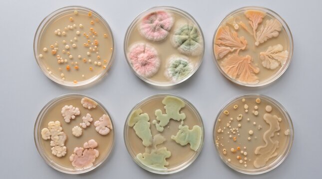 Microbiology research and bacterial cultures in petri dishes photo. Featuring pink colonies green mold yeast growth and agar plates. Scientific laboratory testing and medical analysis