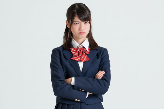 腕組みで頬を膨らませて不満そうな女子学生