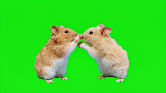 Two adorable golden and white hamsters standing on their hind legs facing each other with raised paws, cute playful pet rodents isolated on bright green screen chroma key background