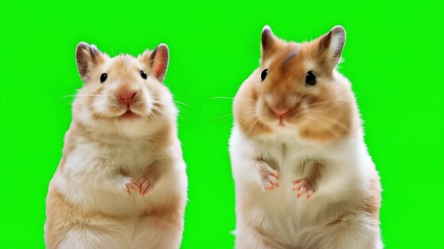 Two adorable golden and white hamsters standing on their hind legs facing each other with raised paws, cute playful pet rodents isolated on bright green screen chroma key background