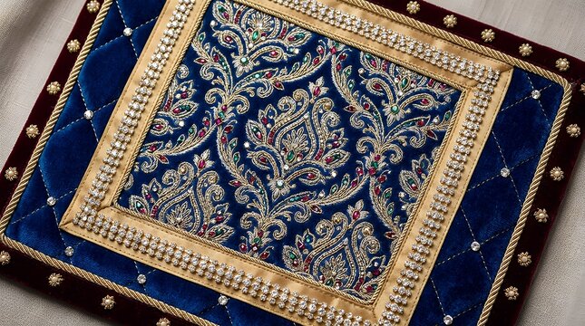 Decorative textile pattern featuring shiny gems and elegant fabric borders arranged across a sparkling luxury background quilted pattern rhinestone frame ribbon border luxury background shiny