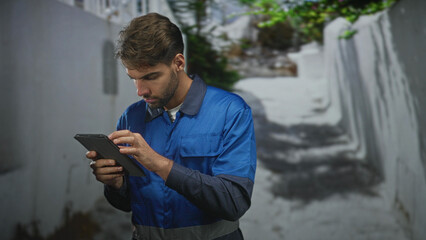 Hispanic man in blue work overalls tapping tablet with fingers, worker standing by white steps on street  diligence competence. © Krakenimages.com