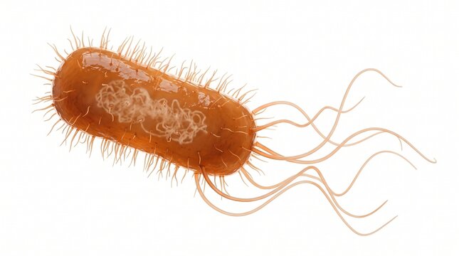 Bacterium cell microscopic view. Detailed 3D rendering of brown rod-shaped bacilli. Flagella and pili visible. Isolated medical illustration for biology and healthcare research projects