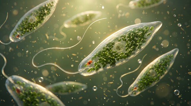 Euglena microscopic organisms swimming in water. Single-celled flagellate protozoa with green chloroplasts and red eyespot. Scientific microscopic illustration for education