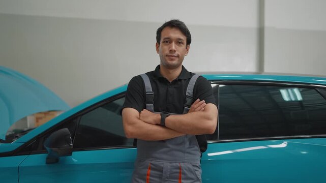 Man stands confidently beside blue car with open hood. He wears overalls and looks directly at camera