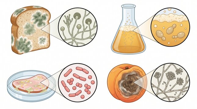 Microbiology and mycology educational vector infographic. Molds and yeasts on spoiled bread and rotting fruit. Bacteria in petri dish. Fungal hyphae and spores microscopic view. Science textbook style
