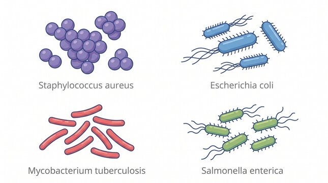 Medical microbiology infographic and pathogen chart. Featuring Staphylococcus aureus Escherichia coli Mycobacterium tuberculosis and Salmonella enterica. Educational biology vector illustration