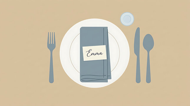 Minimalist place setting with a personalized name card on a blue napkin