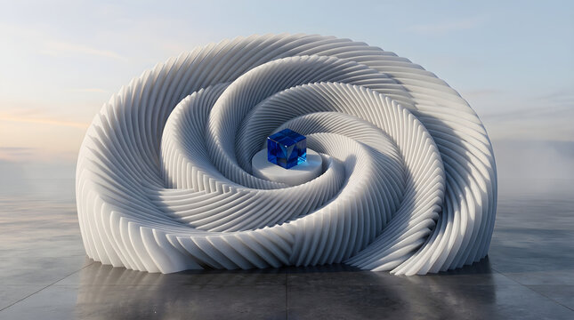 3D render of a cobalt blue-to-deep blue gradient spring coil twisting outward like a slinky, low-angle view, against a clean white studio backdrop, with sharp cinematic highlights