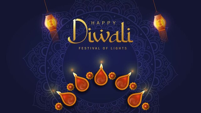 Happy Diwali Festival of Lights Animation with Glowing Traditional Diyas, Golden Decorative Patterns and Elegant Typography on a Dark Blue Background, 4K. Indian Festival of Lights Motion Graphic 