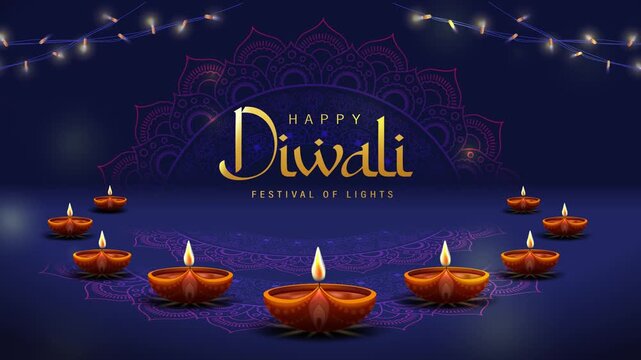 Diwali Festival of Lights Animation with an Arc of Glowing Traditional Clay Diyas, Golden Happy Diwali Typography and Intricate Mandala Decoration on a Deep Blue Background, 4K. Indian Festival of Lig
