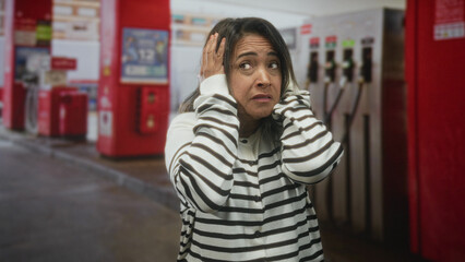 Hispanic woman covering ears with hands at a gas station near fuel pumps, striped sweater, worried grimace in a roadside forecourt  anxiety unease alarm. © Krakenimages.com