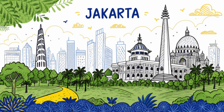 Jakarta Skyline with Important Landmarks Including Monas National Monument, Istiqlal Mosque, Jakarta Cathedral, Bundaran HI, Gelora Bung Karno Stadium, Old Town Kota Tua and Semanggi Interchange, Indo