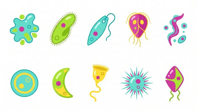 Microbiology and protozoa flat icon set containing icons for amoeba paramecium euglena virus bacteria cell spore and flagellate for scientific research and medical education projects