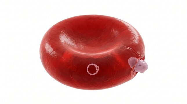 Red blood cell infected with malaria parasite. Detailed 3D medical illustration showing erythrocyte ring form stage and trophozoite. Scientific graphic for healthcare and hematology research projects