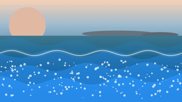 Flat vector illustration of a serene ocean sunset with rolling waves and glowing bubbles