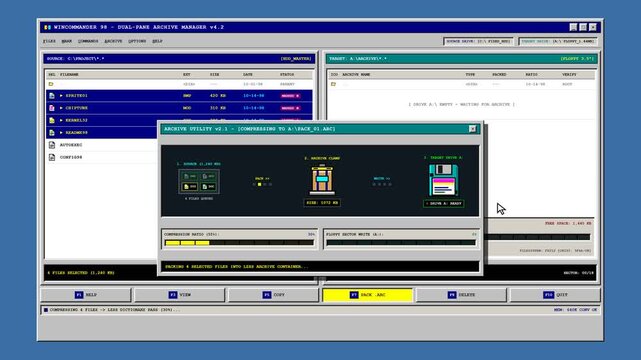Retro Computer File Manager Software Interface Copying Data to Floppy Disk