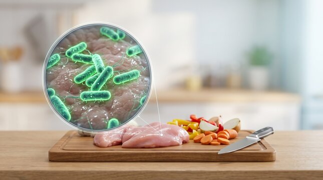 Bacterial contamination on raw chicken meat. Microscopic view of green pathogen germs multiplying on poultry surface during kitchen food preparation. Health hazard and food safety concept photo