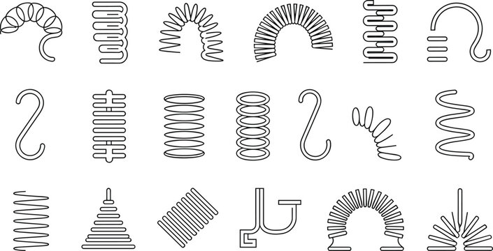 Flexible metal spring coil icon set featuring spiral compression tension curved wire industrial mechanical vector elements