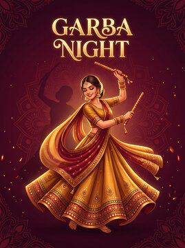Woman dancing with wooden sticks in traditional attire for garba night