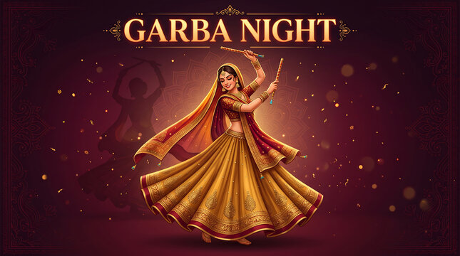 Garba Dance Celebration During Navratri Festival Woman in traditional attire dancing with sticks on a dark background