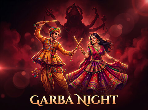 Garba Dance Celebration During Navratri Festival A man and woman dancing with sticks in traditional indian clothing