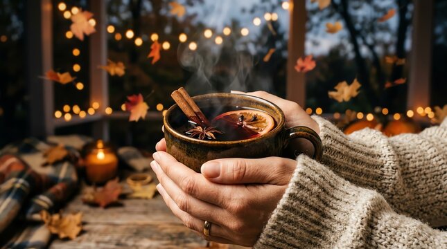 Cozy Autumn Scene With Hands Holding Steaming Mulled Wine Mug