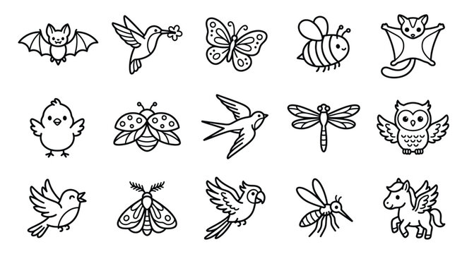 Collection of linear insect and animal outlines against a white background depicting various creatures avian bat bee beetle