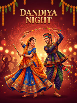 Garba Dance Celebration During Navratri Festival Couple dancing traditional folk dance with sticks at night event