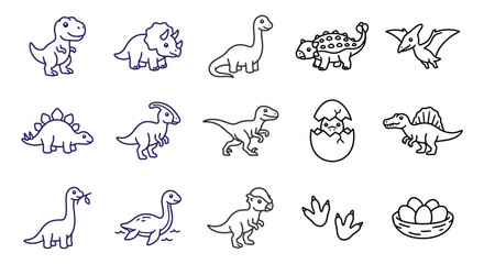 Collection of dinosaur line icons depicting various prehistoric reptiles and hatching eggs on a white background reptile paleontology © nayon