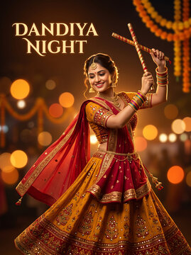 Garba Dance Celebration During Navratri Festival Young woman dancing with wooden sticks at a festive evening event
