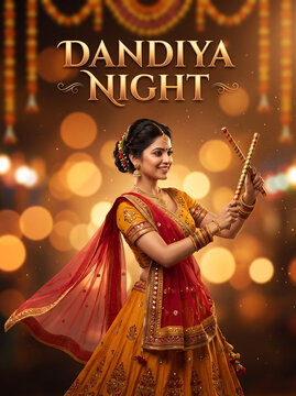 Garba Dance Celebration During Navratri Festival Woman in traditional attire dancing with sticks during a cultural