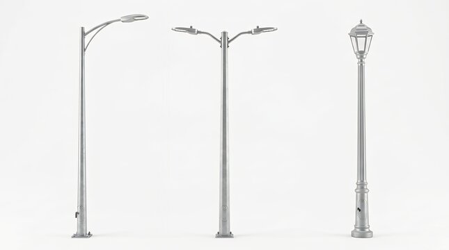 Vertical metallic street lighting poles standing upright isolated cleanly against a stark plain white studio background for architectural visualization street light pole lighting lamp column pillar