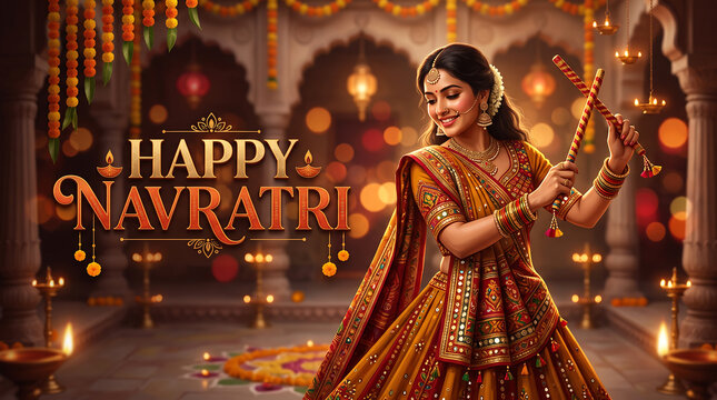 Garba Dance Celebration During Navratri Festival Woman dancing with sticks