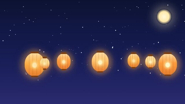 Warm glowing paper lanterns floating upward into deep indigo night sky