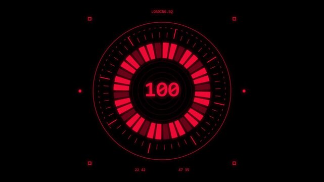 One hundred percent complete circular red loading interface on black background