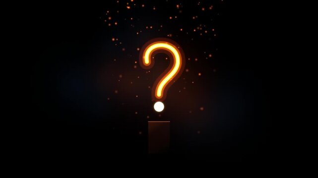 Glowing neon question mark symbol surrounded by floating golden sparks