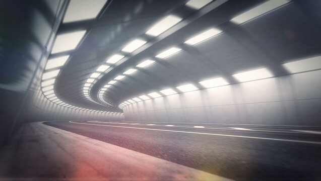 Illuminated Road Tunnel with Curving Lanes. 3D Rendering