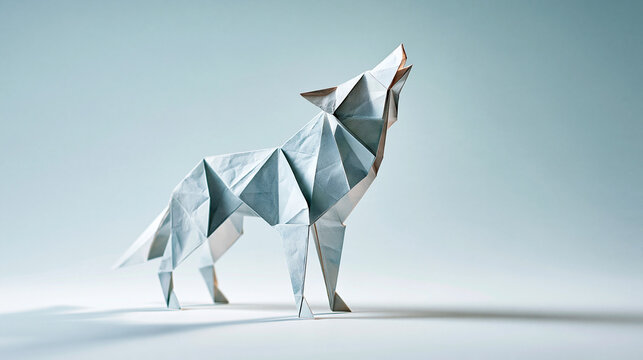 Origami wolf made from white paper, standing and howling against a light background with soft shadows.