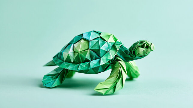 A detailed origami turtle crafted from green paper with geometric folds, displayed against a soft pastel background.